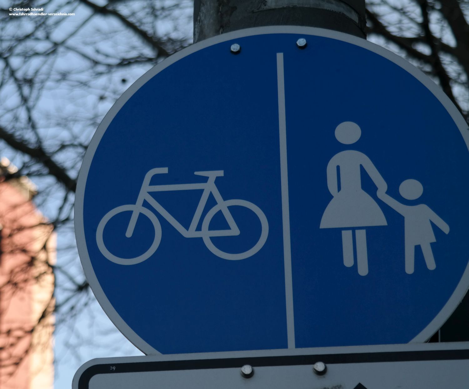 Ein getrennter Fahrrad- und Fußweg wird durch einen senkrecht statt waagrecht stehenden Strich auf dem blau hinterlegten Verkehrszeichen angezeigt