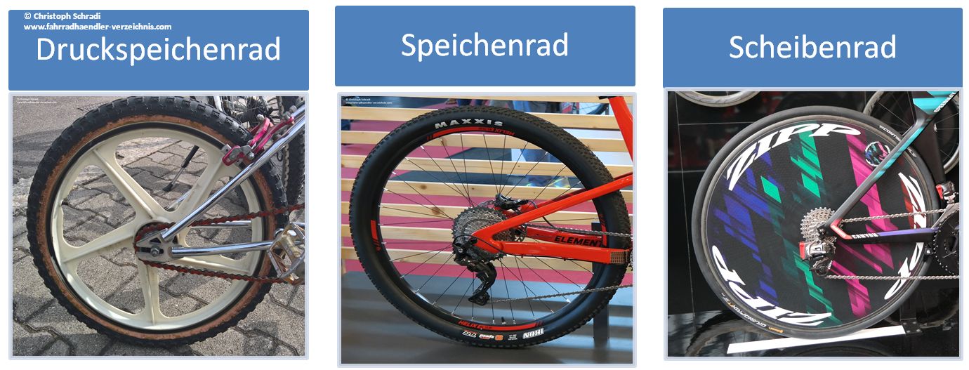 Die Laufräder eines Fahrrades sind grundsätzlich in drei verschiedenen Ausführungen gängig - dem Speichenrad, dem Druckspeichenrad sowie als Scheibenrad